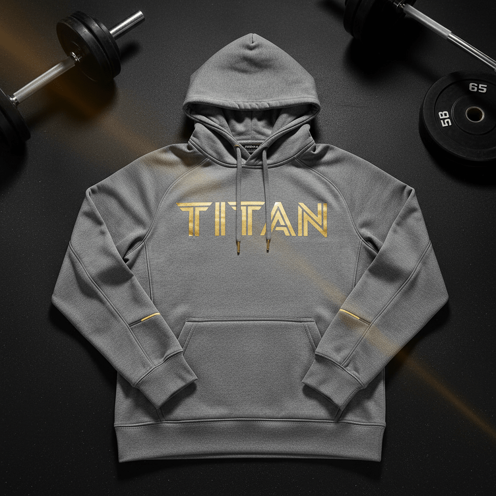 Grey performance fleece hoodie featuring gold "TITAN" chest logo, matching gold drawstring aglets, and front pouch.