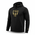 Black pullover hoodie with a gold TITAN shield logo, drawstring hood, front pouch pocket, and logo cuff patch.
