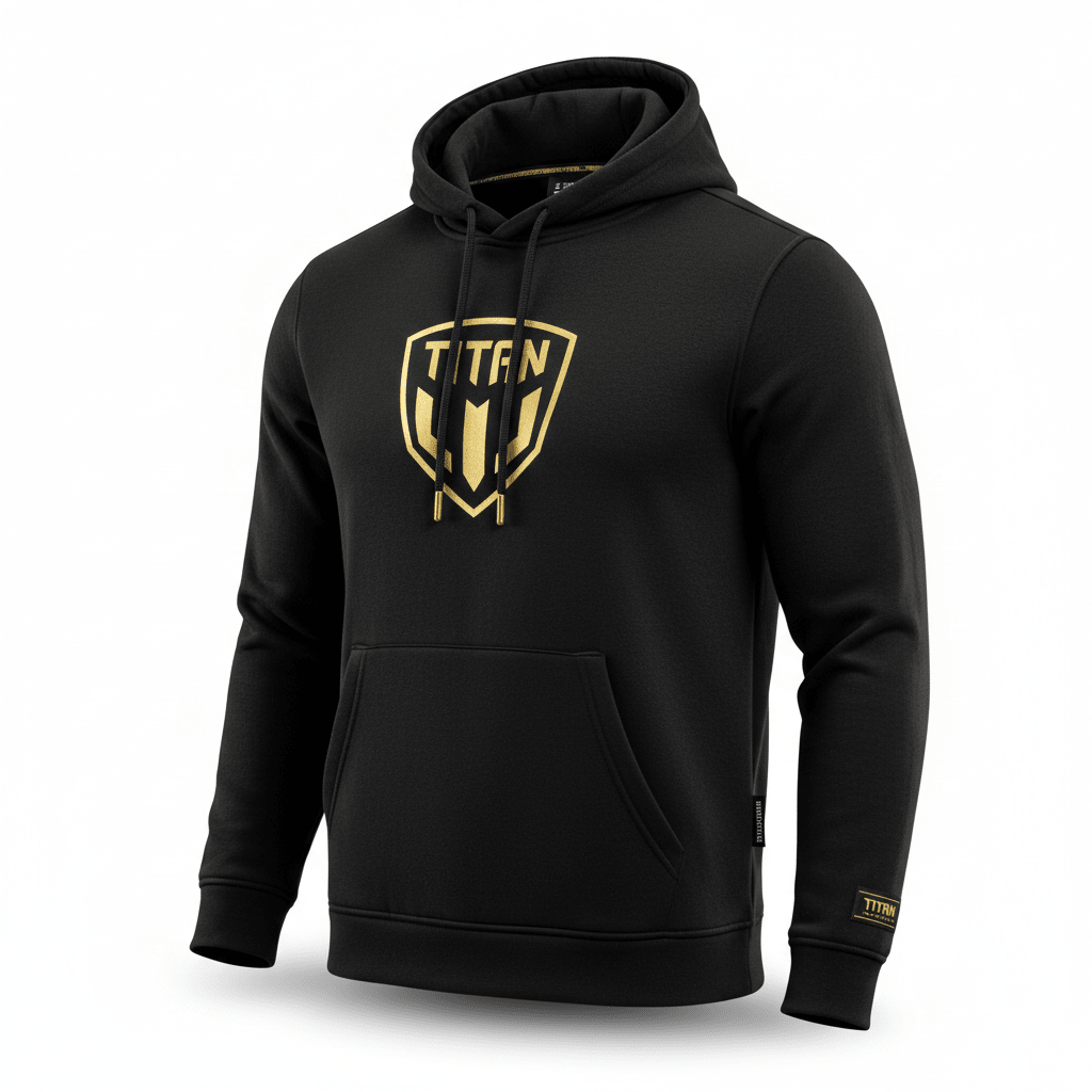 Black pullover hoodie with a gold TITAN shield logo, drawstring hood, front pouch pocket, and logo cuff patch.