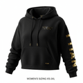 Black cropped hoodie featuring a metallic gold chest logo, sleeve text, drawcord tips, and a small hem tag.