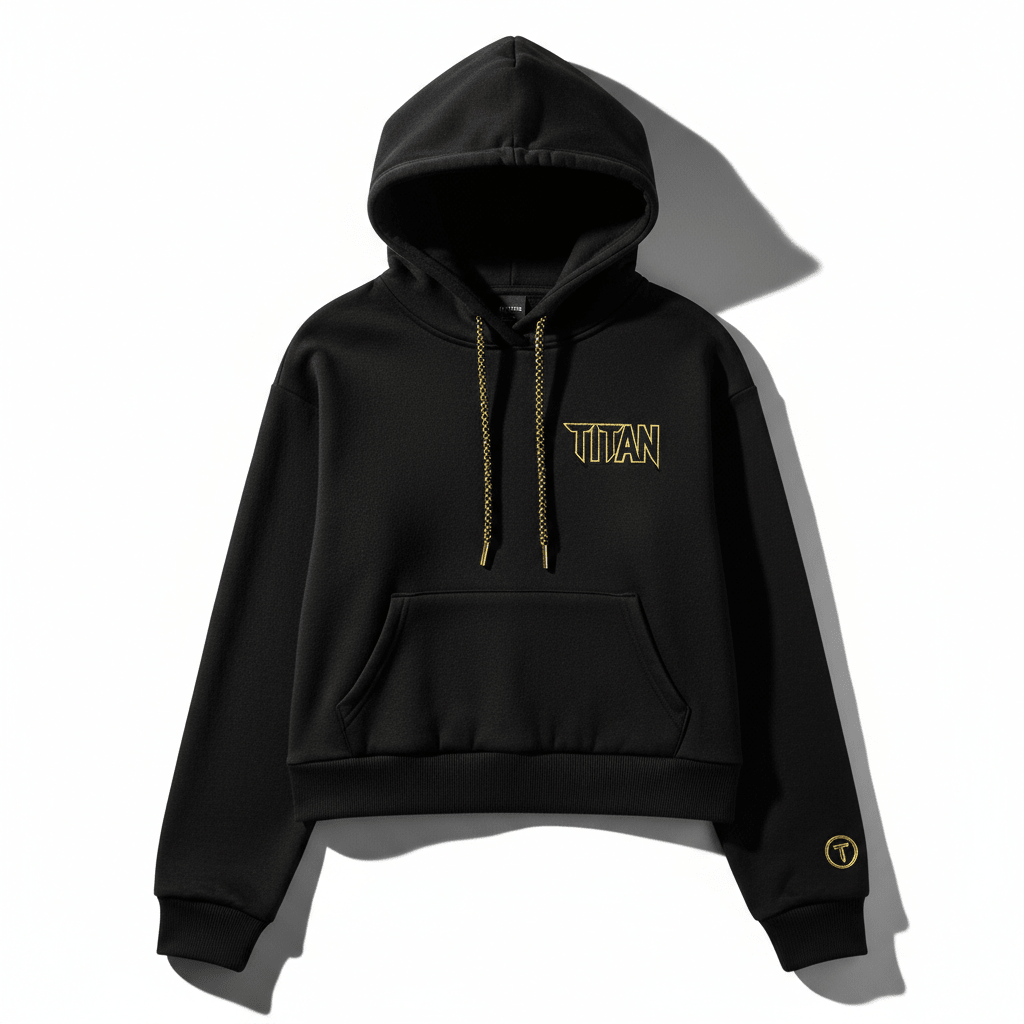 Black cropped pullover hoodie with gold TITAN chest logo, matching gold-flecked drawstrings, and cuff logo detail.