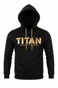 Black pullover hoodie with gold metallic "TITAN SPORT GLOBAL" logo and matching gold drawstring cords.