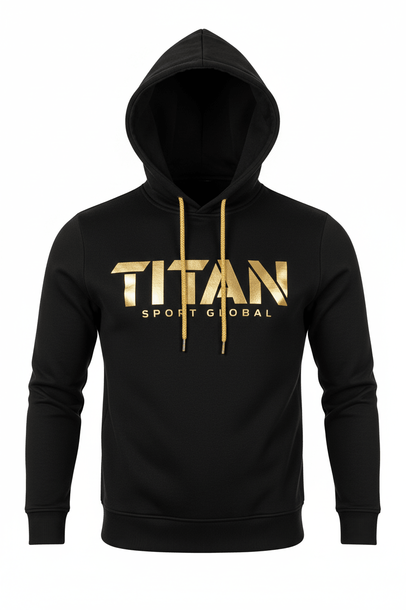 Black pullover hoodie with gold metallic "TITAN SPORT GLOBAL" logo and matching gold drawstring cords.