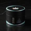 Matte black jar with holographic crown on lid, TITAN SPORT GLOBAL logo, and teal water drop graphics on base.