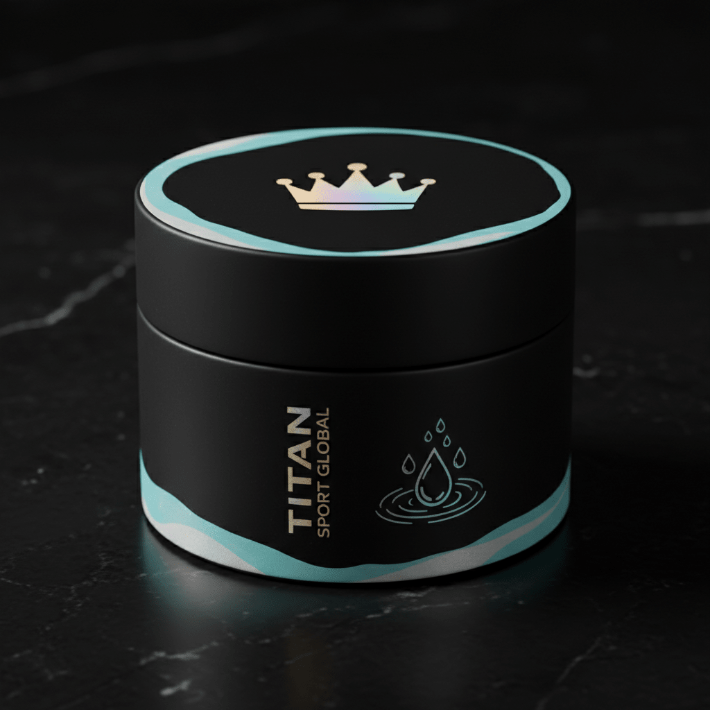 Matte black jar with holographic crown on lid, TITAN SPORT GLOBAL logo, and teal water drop graphics on base.