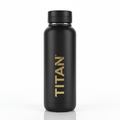 Matte black TITAN infuser water bottle with vertical gold branding and a sleek black cap with gold trim.