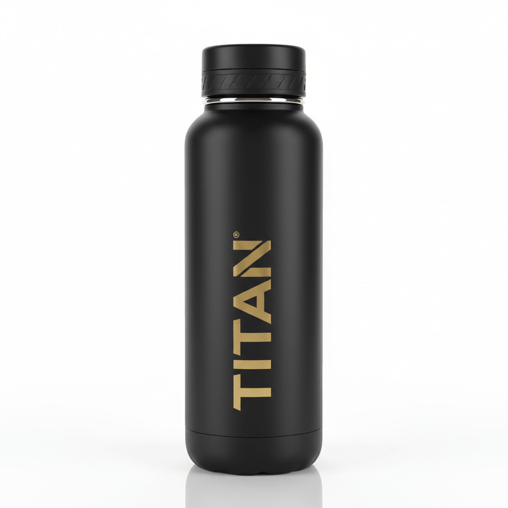 Matte black TITAN infuser water bottle with vertical gold branding and a sleek black cap with gold trim.