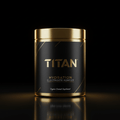 TITAN Hydration electrolyte powder in a black canister with gold lid, gold logo, and thin geometric gold lines.