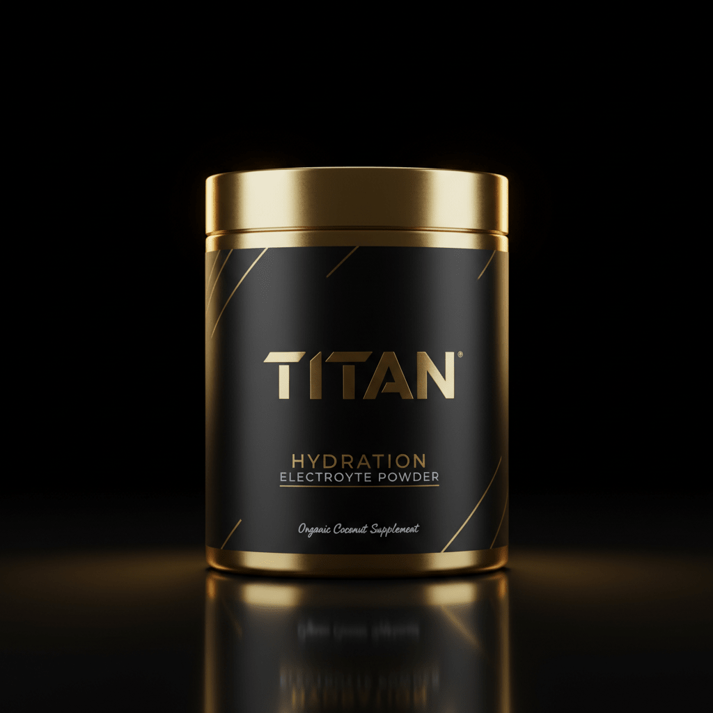 TITAN Hydration electrolyte powder in a black canister with gold lid, gold logo, and thin geometric gold lines.