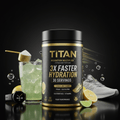 TITAN Hydration Multiplier tub with black and gold label, beside a lemon-lime drink, watch, and running shoe.