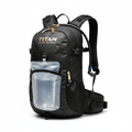 Black Titan hydration backpack with gold logo, gold zippers, and a clear 2L water bladder on the front panel.