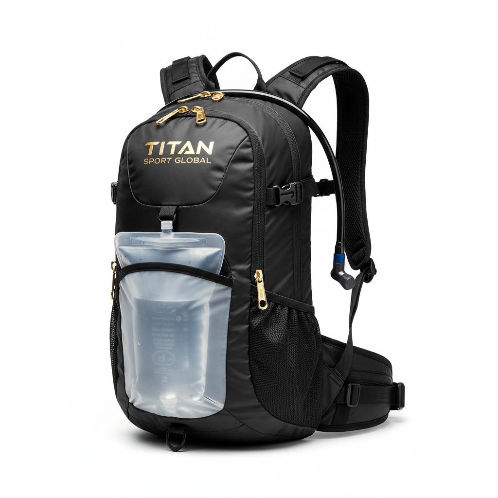 Black Titan hydration backpack with gold logo, gold zippers, and a clear 2L water bladder on the front panel.