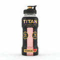 Titan Hydration Protein bottle in black with gold text, showing pink liquid, 10g protein/electrolytes, and watermelon.