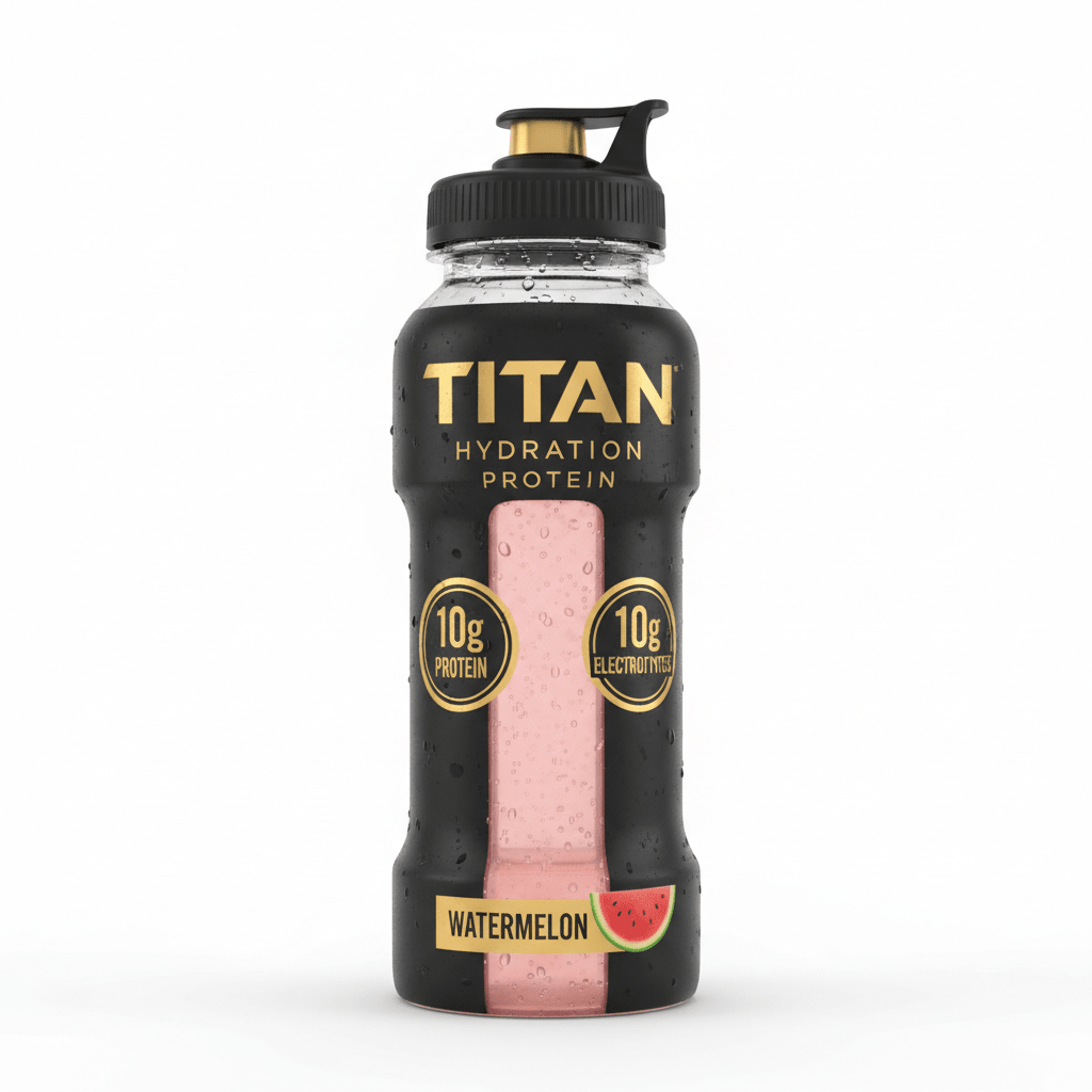 Titan Hydration Protein bottle in black with gold text, showing pink liquid, 10g protein/electrolytes, and watermelon.