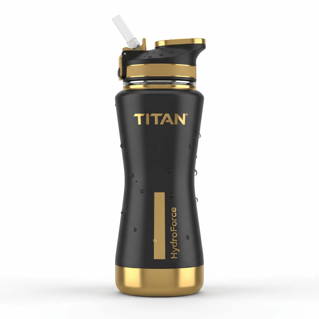 TITAN HydroForce 40oz water bottle in matte black with gold accents, straw lid, and water droplets, white background.