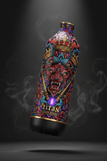 TITAN Crown Edition bottle with ornate lion, golden crowns, and vibrant gothic patterns on a black background.