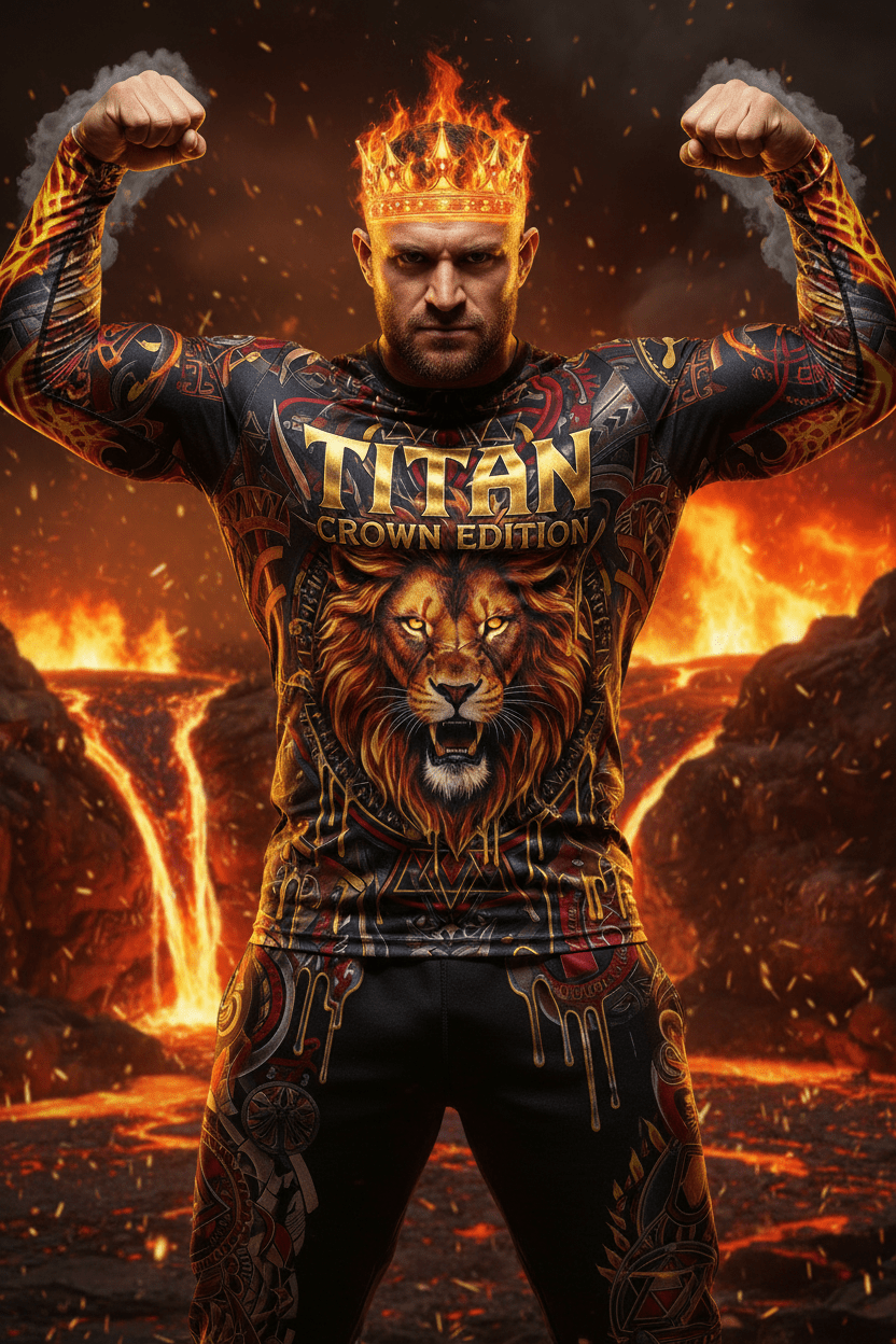 Titan Sport long-sleeve compression shirt with lion graphic and "Crown Edition" logo for a bold, fiery gym aesthetic.