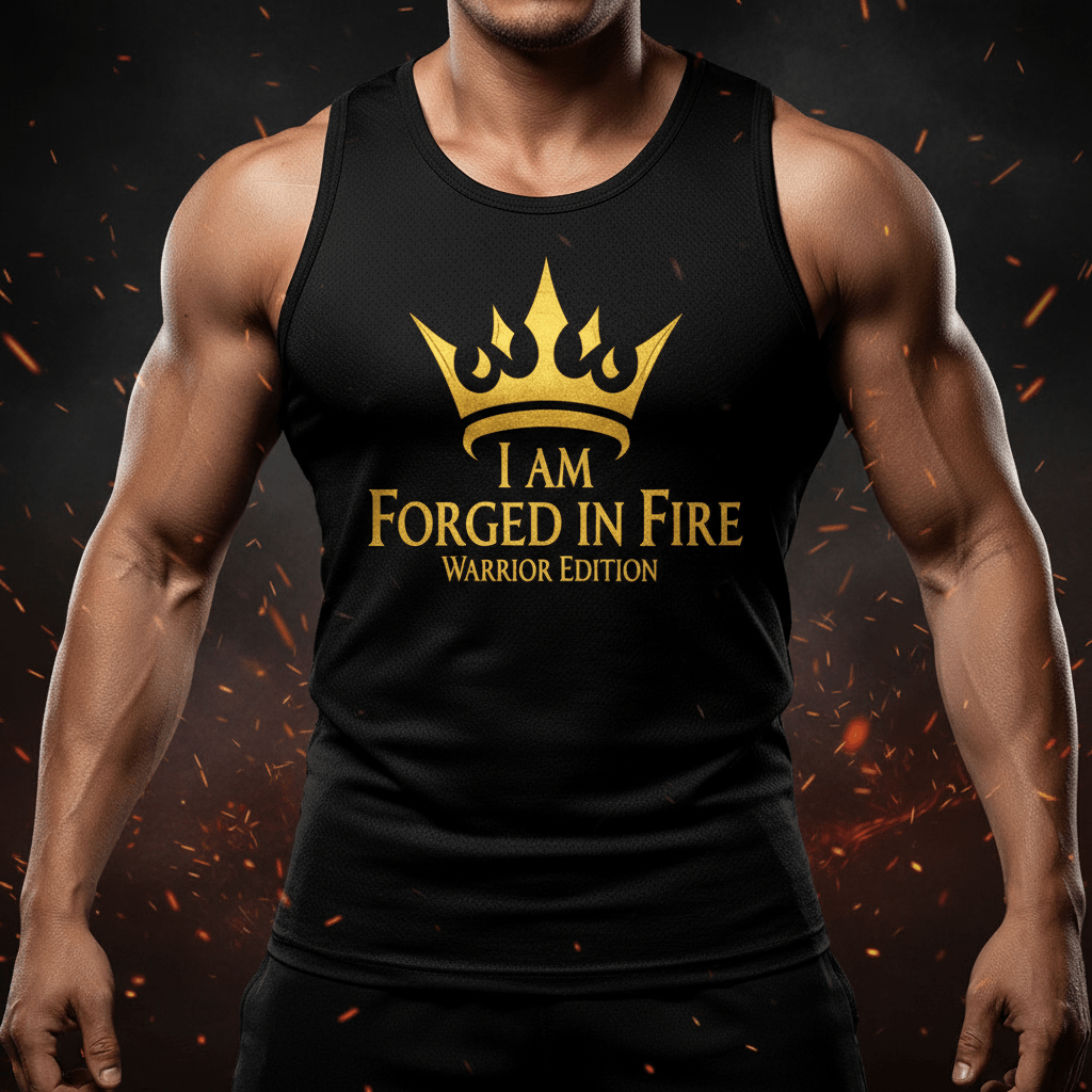 Black tank top with gold crown graphic and "I Am Forged In Fire: Warrior Edition" motivational text.