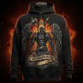 Black hoodie featuring a winged warrior, crown, and hammer graphic with the motivational text "I AM FORGED IN FIRE."