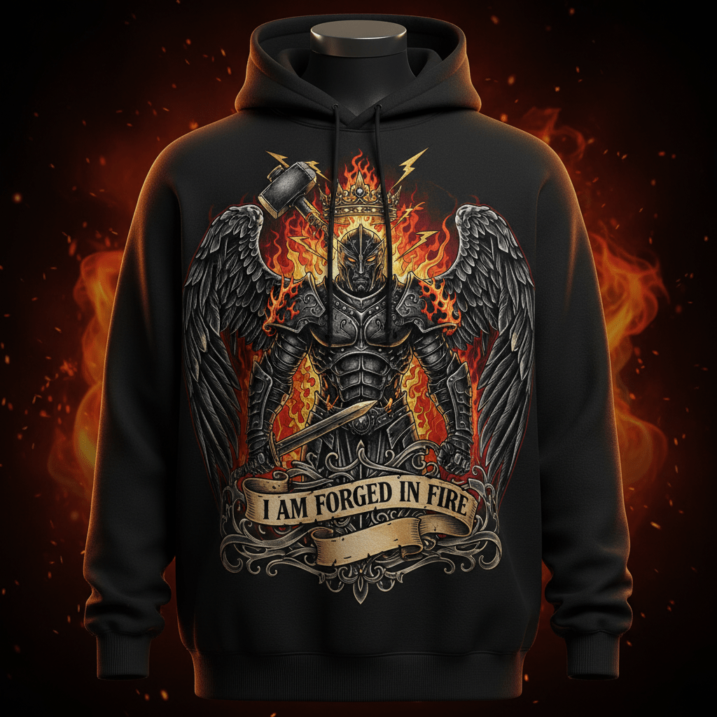 Black hoodie featuring a winged warrior, crown, and hammer graphic with the motivational text "I AM FORGED IN FIRE."