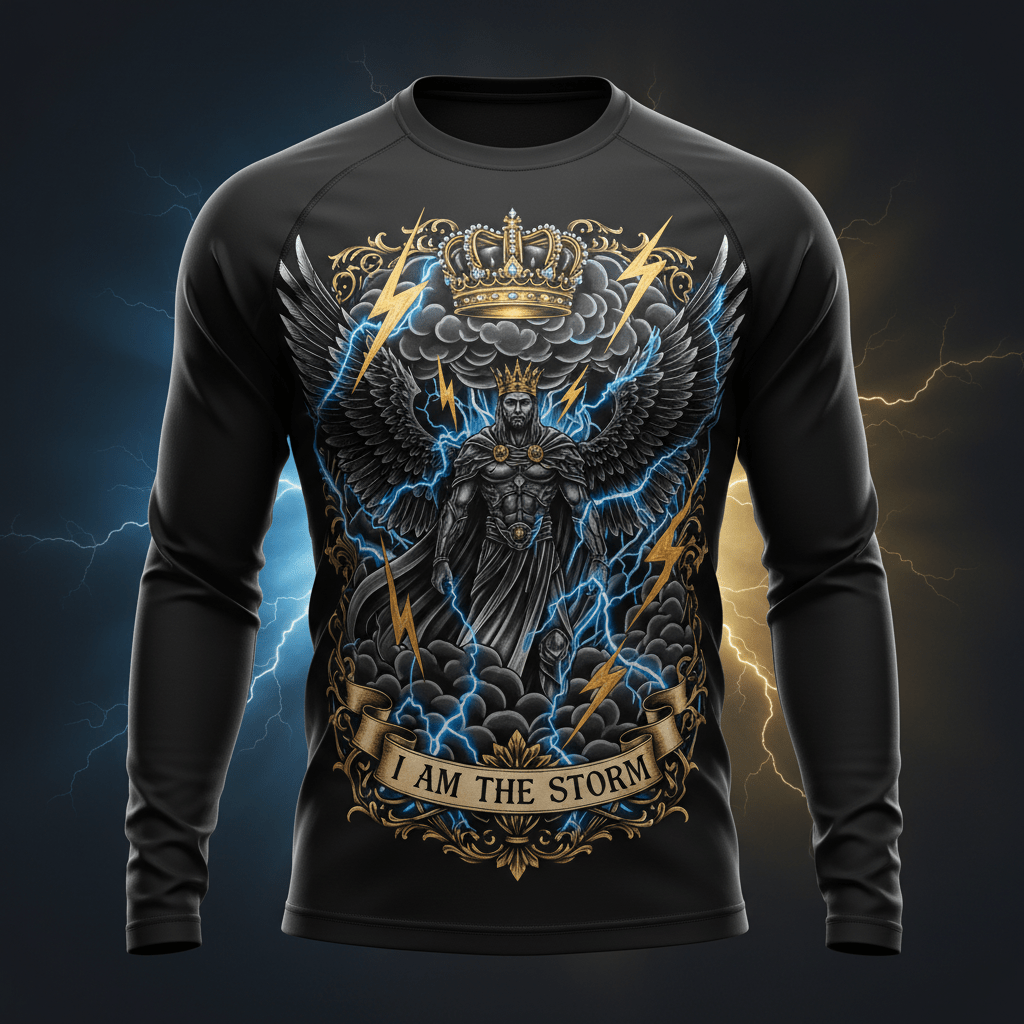 Black long-sleeve sport shirt featuring a winged warrior, crown, lightning, and "I Am The Storm" motivational text.