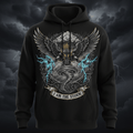 Black hoodie featuring a winged figure, lightning, a tornado, and the motivational text "I AM THE STORM."