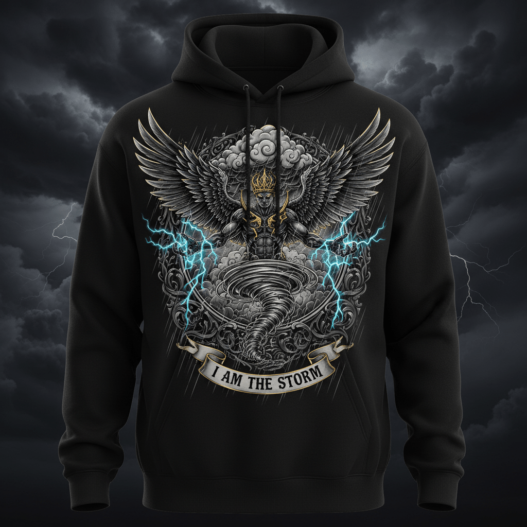 Black hoodie featuring a winged figure, lightning, a tornado, and the motivational text "I AM THE STORM."