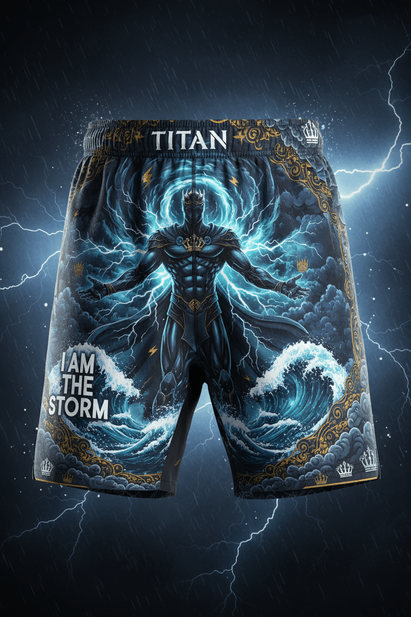 Titan Sport shorts featuring a powerful king graphic, lightning storm art, and "I AM THE STORM" motivational text.