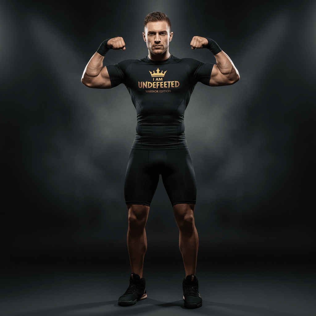 Athlete wears a black compression shirt with gold "I AM UNDEFEATED" crown graphic, promoting a warrior mindset.