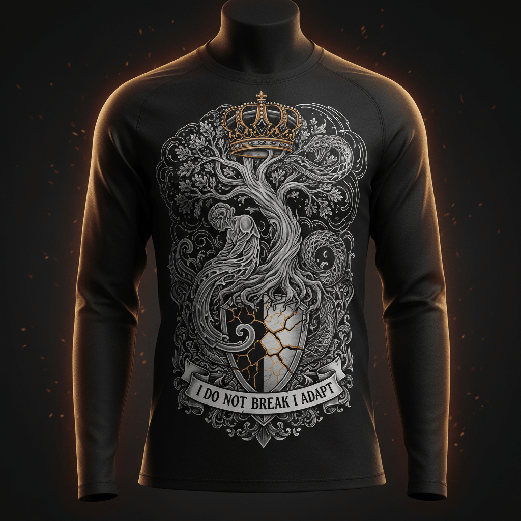 Black long-sleeve shirt featuring a crown, tree, and shield graphic with the motivational text: "I DO NOT BREAK I ADAPT."