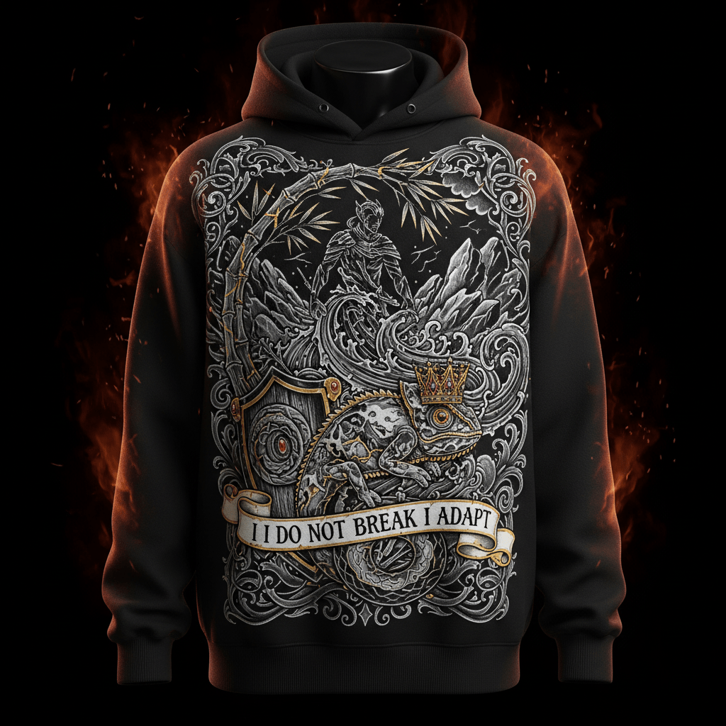 Black hoodie featuring a kingly chameleon, warrior, and "I Do Not Break I Adapt" text against a fiery background.