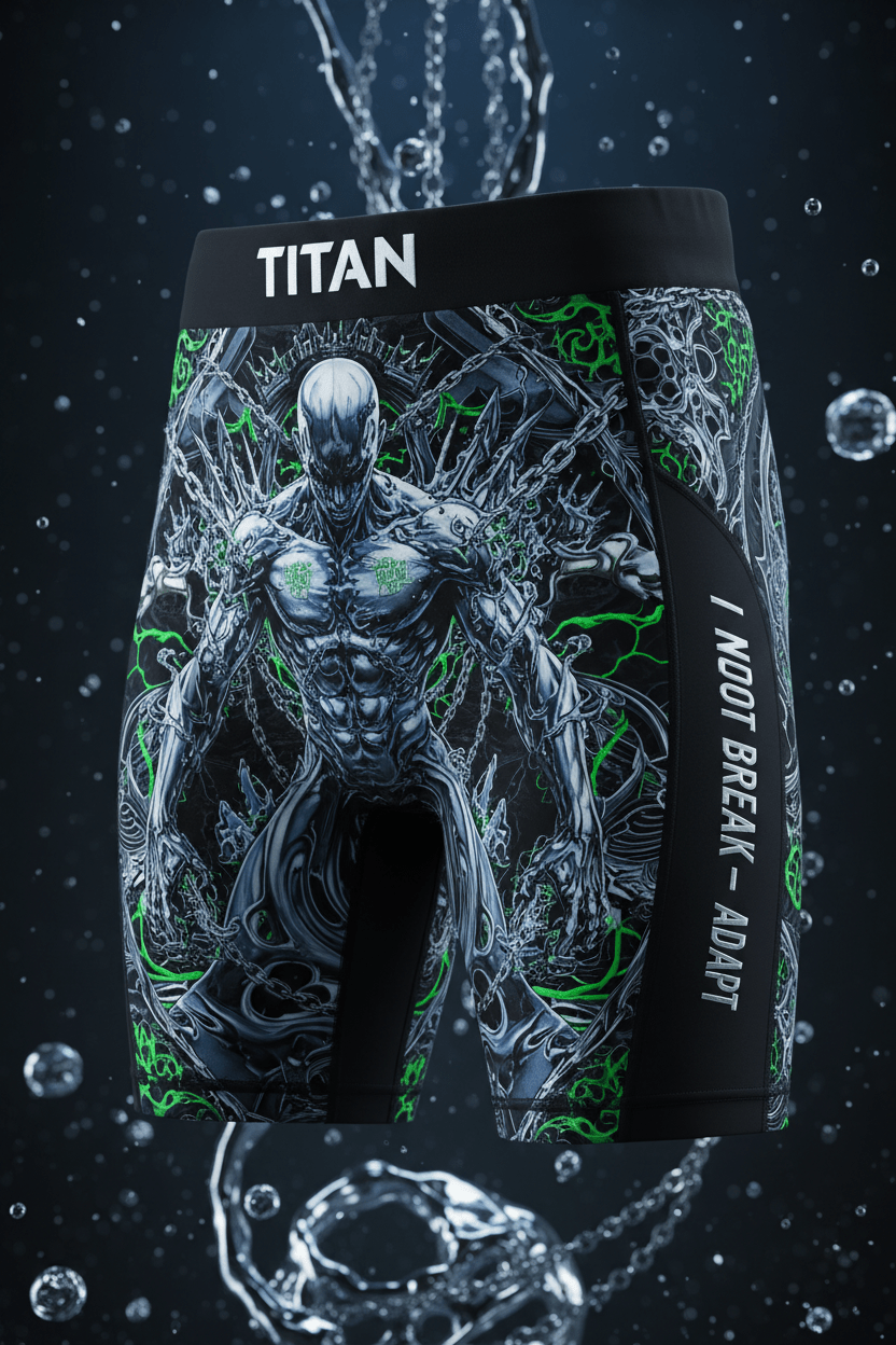 Titan Sport compression shorts featuring a chained figure and the motivational text "I NOT BREAK – ADAPT."