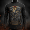 Black long-sleeve shirt featuring a bodybuilder, crown, dumbbells, and "I Train So They Cannot Stop Me" text.