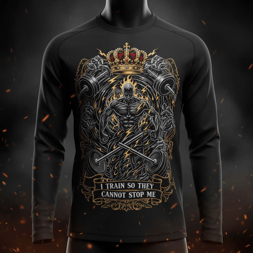 Black long-sleeve shirt featuring a bodybuilder, crown, dumbbells, and "I Train So They Cannot Stop Me" text.