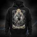 Black hoodie with a muscular king lifting weights, crown graphic, and text: "I train so they cannot stop me."