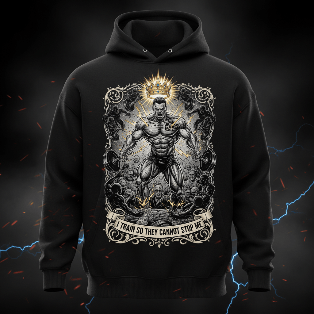 Black hoodie with a muscular king lifting weights, crown graphic, and text: "I train so they cannot stop me."