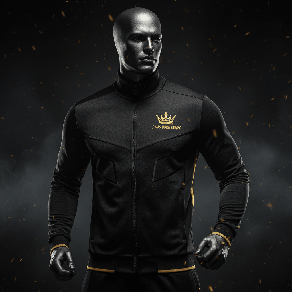 Black zip-up track jacket with a gold crown logo and "I WAS BORN READY" text on a male mannequin.