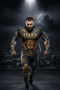 Titan Sport long-sleeve shirt and pants with roaring lion graphic, crown motif, and "I Win Or Learn" motivational text.