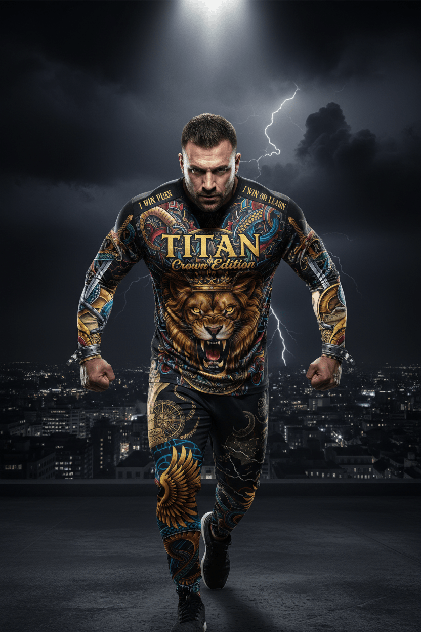 Titan Sport long-sleeve shirt and pants with roaring lion graphic, crown motif, and "I Win Or Learn" motivational text.