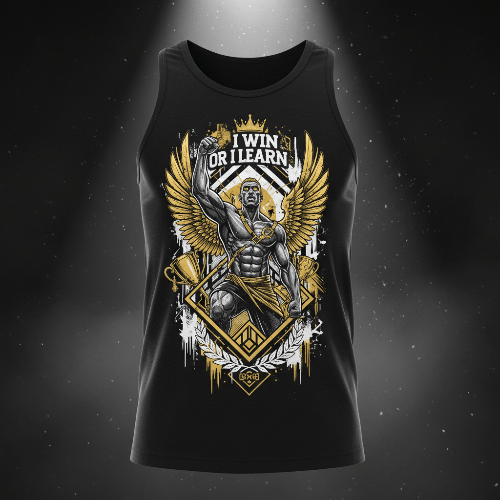 Black tank top featuring a winged warrior graphic with the text "I Win Or I Learn" in gold and white.