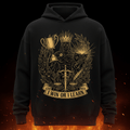 Black hoodie with gold graphic of a king holding a trophy, book, and sword. Text reads: "I WIN OR I LEARN."