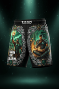 Titan Sport shorts featuring warrior prints, "I Win or Learn" text, and ornate frames in a motivational style.