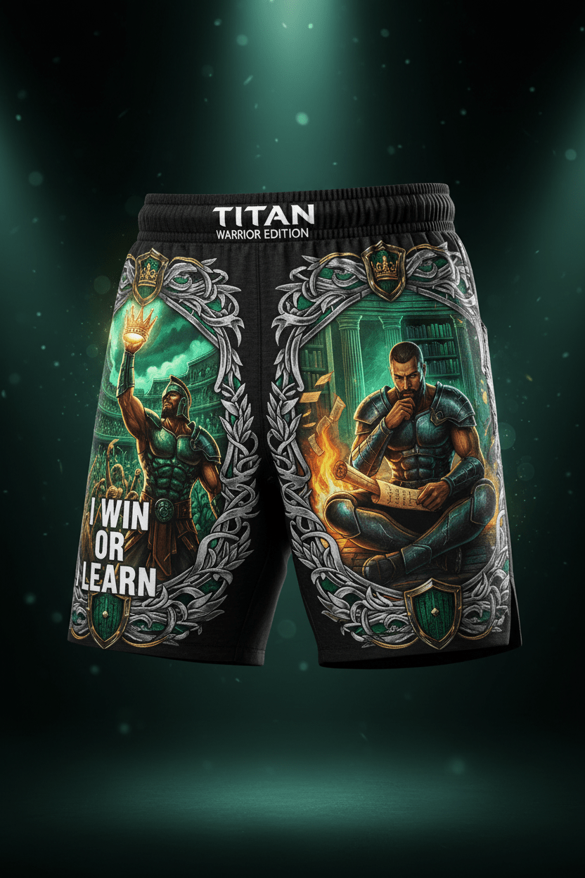 Titan Sport shorts featuring warrior prints, "I Win or Learn" text, and ornate frames in a motivational style.
