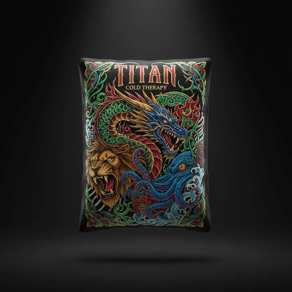 TITAN reusable ice pack featuring a colorful, intricate illustration of a dragon, lion, and octopus on a black base.