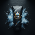 Black tube of TITAN Ice Therapy Recovery Gel with an iridescent crown logo, surrounded by frosty mist and ice flakes.