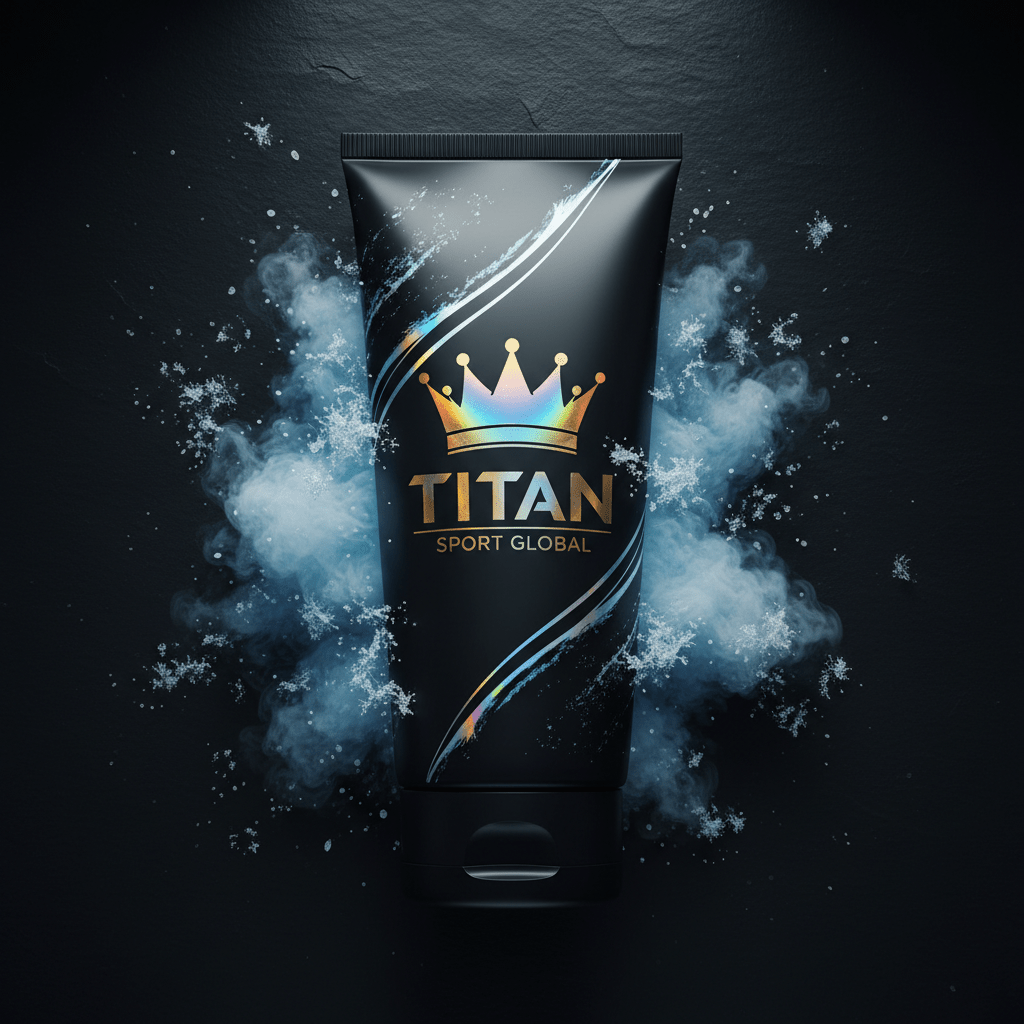 Black tube of TITAN Ice Therapy Recovery Gel with an iridescent crown logo, surrounded by frosty mist and ice flakes.
