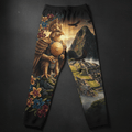 Black lounge pants featuring a golden Inca eagle warrior, vibrant flowers, and a scenic view of Machu Picchu.