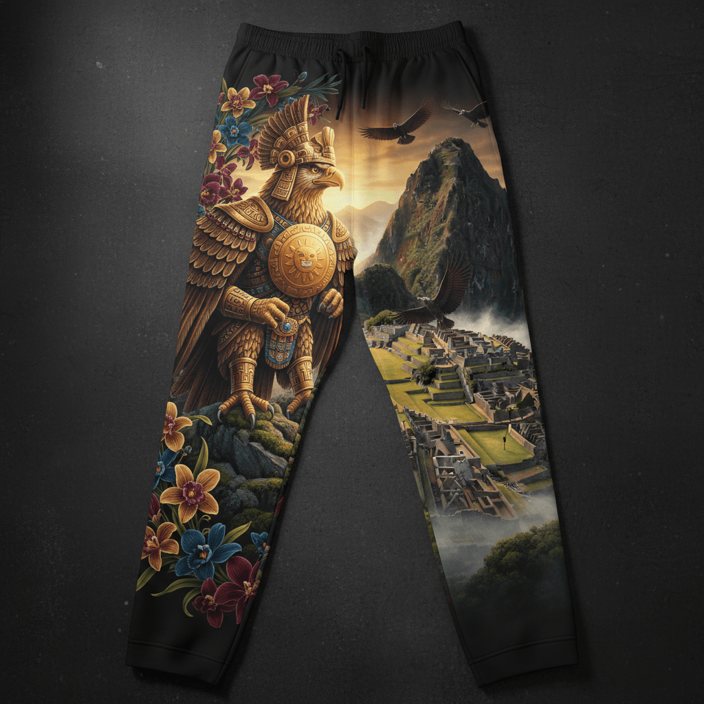 Black lounge pants featuring a golden Inca eagle warrior, vibrant flowers, and a scenic view of Machu Picchu.