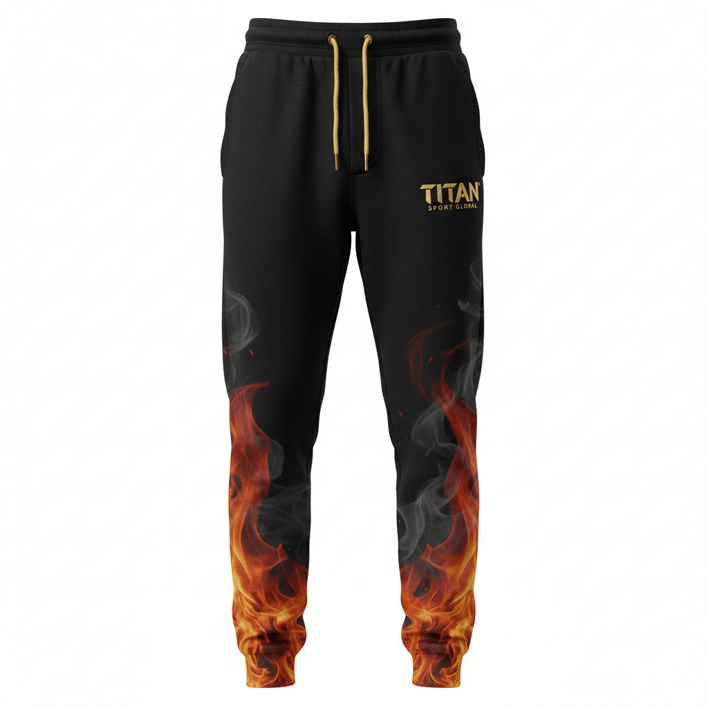Black joggers with gold drawstrings, Titan Sport Global logo, and a vibrant red-orange flame and smoke print.
