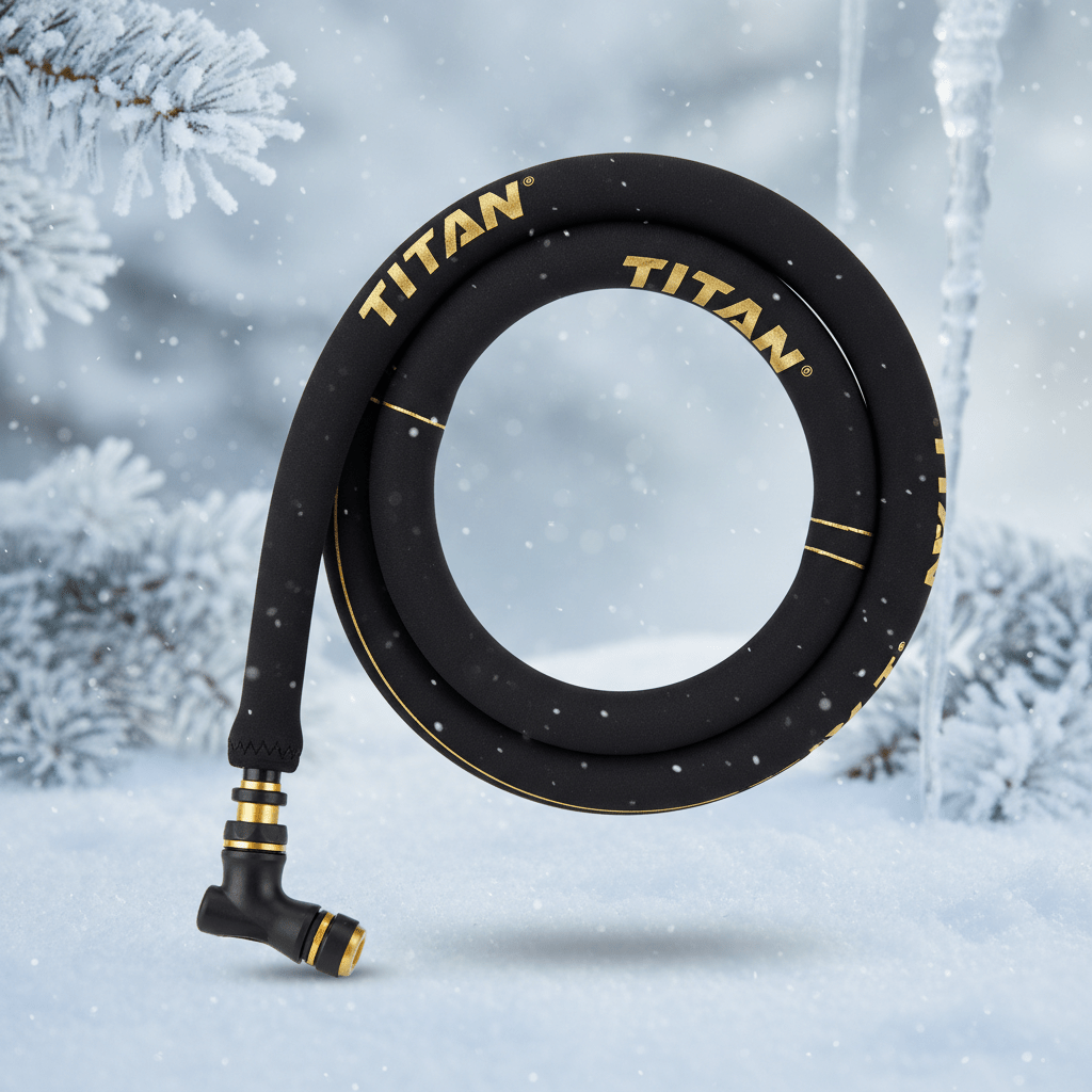 TITAN insulated hydration hose in black with gold accents, set against a snowy winter backdrop with pine branches.